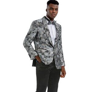 Mens Gray Tuxedo - Grey Wedding Suit-Mens Slim Fit Paisely Prom Tuxedo Jacket In